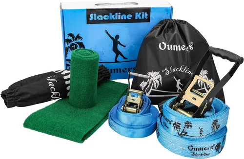 Vista 2 de Oumers Slackline Kit de regalo para principiantes con línea Blance principal de 50 pies, protector de árbol, cubierta de trinquete, bolsa