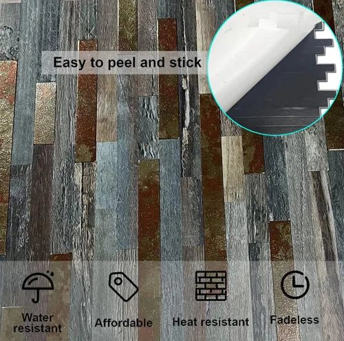 Vista 5 de 10 hojas de azulejos de metal de PVC para salpicaduras de pelar y pegar, adhesivo de pared de grano de madera autoadhesivo, fácil de pegar