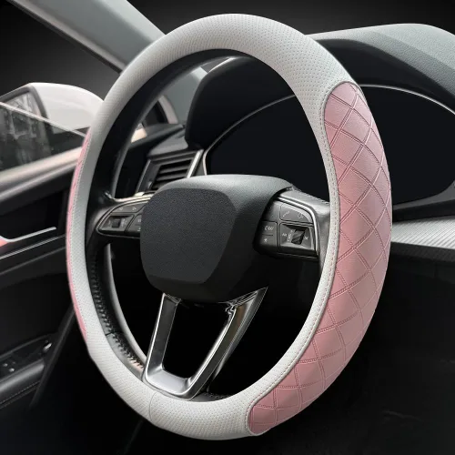 Vista 13 de LKWLIKEI Funda de cuero napa para volante, elegante diseño a cuadros de diamante, antideslizante y resistente al desgaste, mejora la comodidad