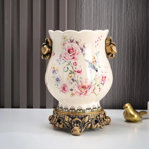Vista 8 de Jarrón alto de piso chino de cerámica para decoración del hogar, florero japonés de 8.3 pulgadas, recipiente sofisticado para ramas decorativas
