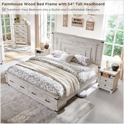 Vista 6 de RedLemon - Marco de cama de estilo granja Queen con cabecera geométrica de 137 cm de altura, cama de plataforma de madera rústica con 2 cajones