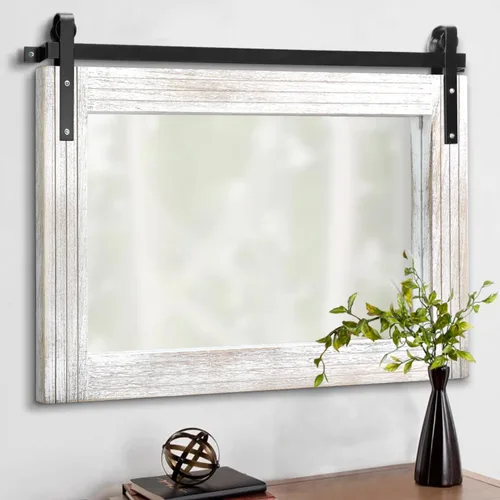 Vista 24 de AAZZKANG Espejo con marco de madera, estilo de puerta de granero, rectangular, decorativo, baño, dormitorio, tocador, decoración de pared del hogar