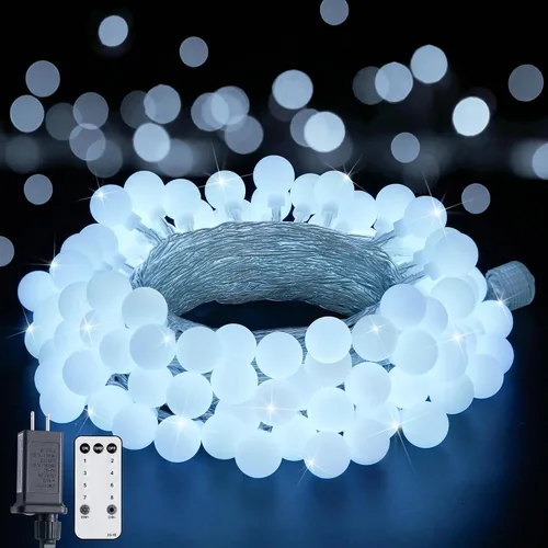 Vista 29 de JMEXSUSS Luces de Cuerda de Globo, Luces de Navidad Rojas y Blancas, Enchufe de 100 LED Globe String Lights Plug in with Remote, 33 ft 8 Modes