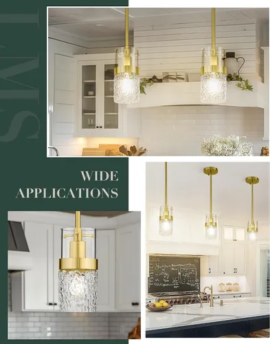 Vista 5 de LMS Lámpara colgante dorada, 1 luz colgante para isla de cocina con vidrio martillado, LMS-171