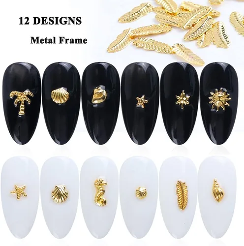 Vista 6 de Calcomanías de metal 3D para uñas, 12 formas, purpurina holográfica y lentejuelas, kit de suministros de arte dorado, caballito de mar, hojas