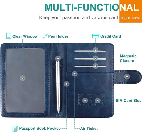 Vista 6 de RSAquar Combo de portatarjetas de pasaporte y vacunación, funda para pasaporte, funda de cuero para tarjetas, accesorios de viaje con bloqueo RFID