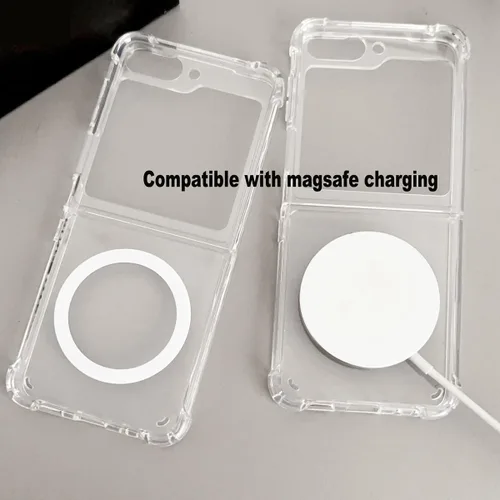 Vista 5 de Funda magnética transparente para Samsung Galaxy Z Flip 5, compatible con cargador inalámbrico MagSafe Flip5, transparente, parte trasera