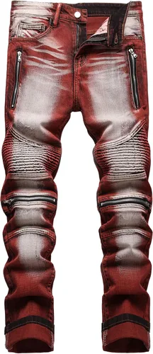 Vista 52 de Baylvn - Pantalones de mezclilla para hombre con diseño patchwork, ajustados y cómodos, estilo motociclista 3132 Camuflaje y azul