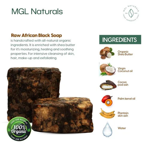 Vista 2 de MGL Naturals Jabón negro africano crudo en olla de coco Premium y orgánico Limpieza profunda facial y corporal. Para acné, eccema y manchas