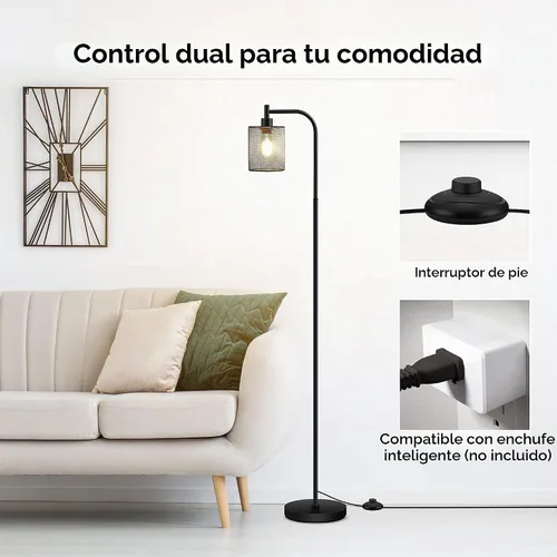 Vista 7 de Lámpara de pie industrial BoostArea, lámpara de pie con pantalla de malla de hierro colgante, bombilla LED de 6 W, lámpara de pie de granja metálica