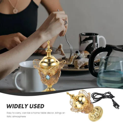 Vista 8 de Quemador de incienso eléctrico de metal, estilo de Oriente Medio, incensario eléctrico de mesa para hogar, oficina, yoga, spa, decoración de Dorado