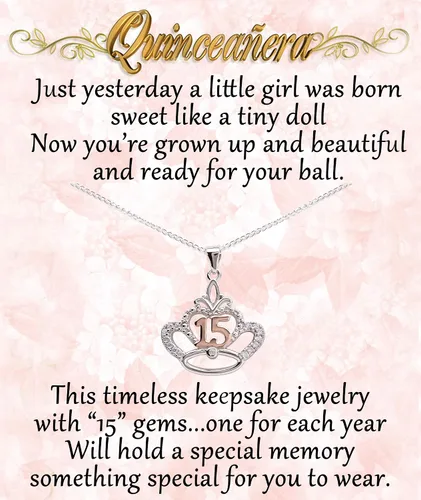 Vista 2 de Collar o aretes de plata de ley para regalo de quinceañera, regalo dulce para niñas de 15 años con 15 circonita cúbica brillante, Circonita cúbica