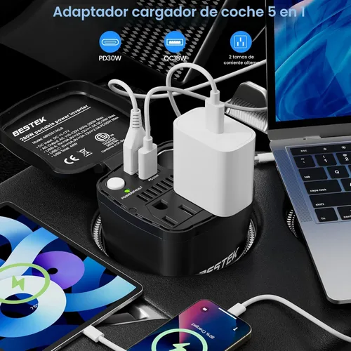 Vista 4 de BESTEK Inversor de corriente de 200 W, adaptador de toma de corriente de enchufe de coche de 12 V CC a 110 V CA con [USB-C de 30 W]/cargador rápido