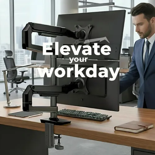 Vista 4 de Ergounion Soporte para monitor doble, soporta pantallas de hasta 40 pulgadas y 25 libras, brazo doble para monitor totalmente ajustable con Negro