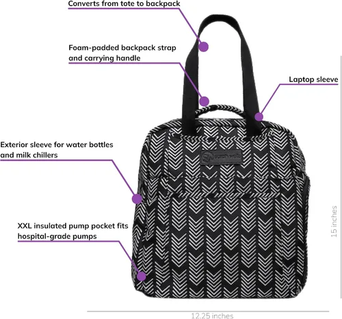 Vista 3 de Bolsa Kelly con extractor de leche Sarah Wells, color blanco y negro Fits All Pumps, Hospital-Grade Pumps, XL Insulated Pocket, Laptop Sleeve