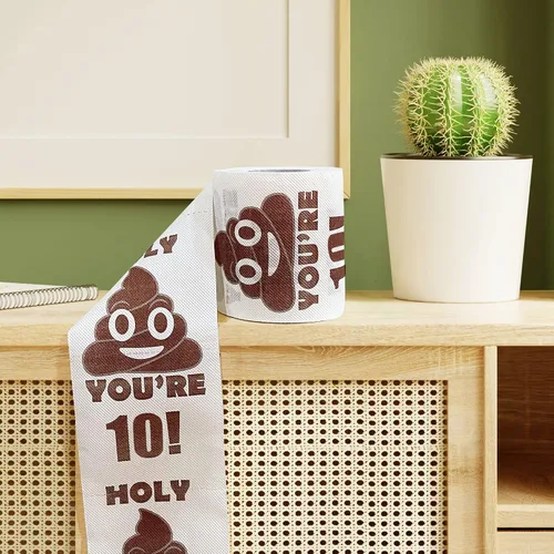 Vista 9 de Regalos de feliz cumpleaños número 10, rollo de papel higiénico divertido de 3 capas, papel higiénico impreso Holy Poop You're 10, regalo de bromas