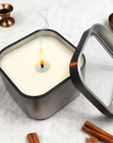 Vista 3 de LJY Latas cuadradas vacías de metal plateado de capacidad de 8 onzas con ventana transparente para hacer velas, dulces, regalos y tesoros