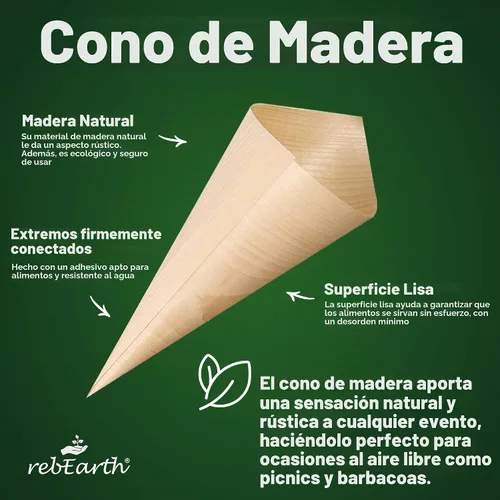 Vista 3 de rebEarth Conos de madera desechables – Conos resistentes al calor para charcutería, aperitivos y aperitivos – Conos de madera de pino