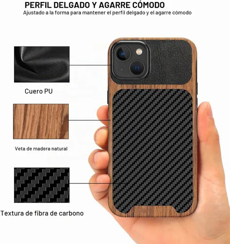 Vista 3 de TENDLIN Compatible con Funda para iPhone 15, Funda de Madera con Textura de Fibra de Carbono, Diseño Híbrido de Cuero Delgado (Negro)