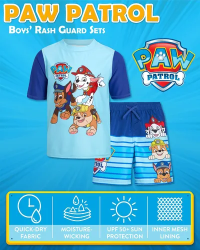 Vista 2 de Nickelodeon Paw Patrol UPF 50+ - Conjunto de protección contra erupciones para niños, Chase, Marshall camiseta de natación y trajes de baño (2T-7)