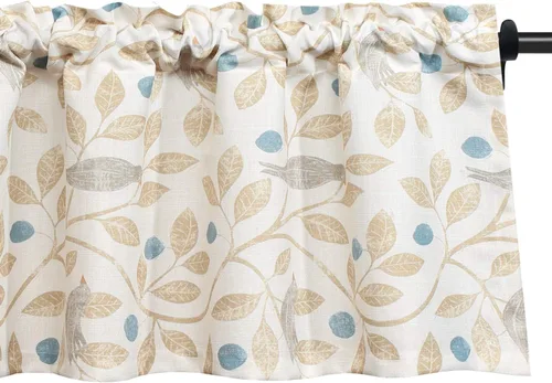 Vista 16 de VOGOL Cortinas con estampado de pájaros campestres, 30 x 24 pulgadas, 2 paneles, beige Linen Look Texture, Decorative Small Window Treatment