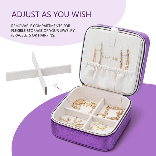 Vista 5 de V-LAFUYLIFE Organizador de joyas de viaje de terciopelo organizador de joyas portátil pequeño de 2 capas cajas de joyería para mujer organizador