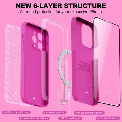 Vista 3 de Vooii Funda magnética compatible con iPhone 14 Pro, protector de pantalla 9H, protector de cámara, forro de microfibra suave, funda de silicona