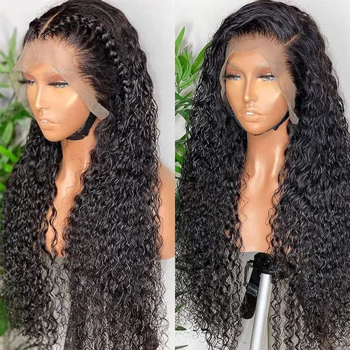 Vista 2 de Tandovee Peluca de cabello humano rizado profundo transparente HD, sin pegamento, con encaje frontal, prearrancado, densidad del 180%, cabello