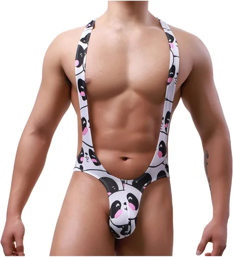 Vista 3 de Enterizo de malla con estampado de leotardo sexy para hombre, con estampado de camiseta de lucha libre