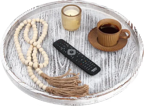 Vista 6 de Gurfuy Bandeja de Mesa Otomana Redonda Extra Grande de 20" - Bandeja de Servir de Madera Rústica para Bandejas de Mesa de Café Decorativas de Gran