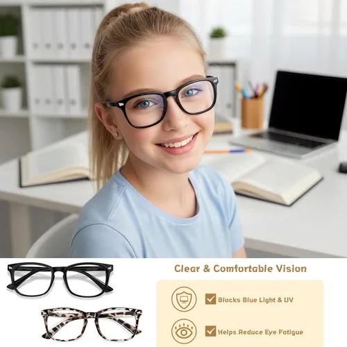 Vista 2 de Gafas de luz azul para niños y niñas, paquete de 2 lentes de luz azul para adolescentes y niños, anteojos falsos, anteojos para niños pequeños, de 6