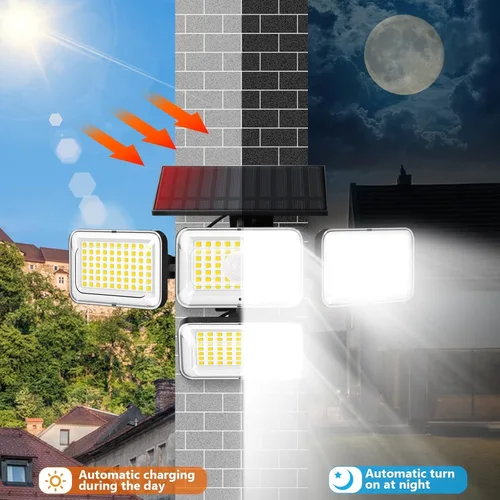 Vista 5 de Luces solares para exteriores, 288 LED 2800LM sensor de movimiento luz al aire libre con control remoto, 4 cabezales IP65 impermeable luces solares