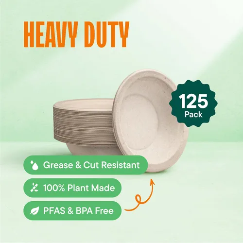 Vista 2 de Stack Man Cuencos de Papel, Cuencos de Sopa Desechables 100% Compostables [Paquete de 125] 12 oz. Resistentes, Ecológicos, Biodegradables de Bagazo