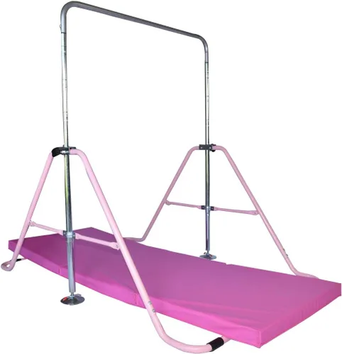 Vista 3 de Monkey Bar Barras horizontales Niños Junior Entrenamiento Juego Altura Ajustable Barra de Balance Plegable Rosa con Esterilla de Gimnasia 6' x 2