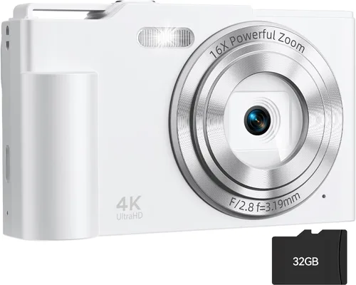 Vista 13 de Cámara digital, cámara digital FHD para apuntar y disparar con zoom de 16X, antivibraciones, cámara pequeña compacta de 48 MP con tarjeta de 32 GB