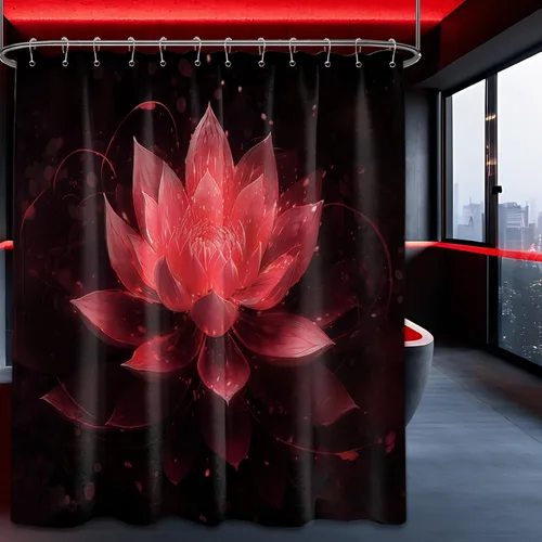 Vista 10 de Cortina de ducha con flores de loto negro y azul para decoración de baño, juego de cortinas decorativas de baño con estampado floral, tela