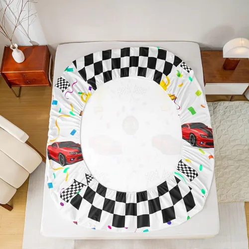 Vista 6 de Juego de sábanas de 3 piezas con diseño geométrico a cuadros de coche de carreras rojo para niños, niñas y adultos, juego de sábanas coloridas de 3