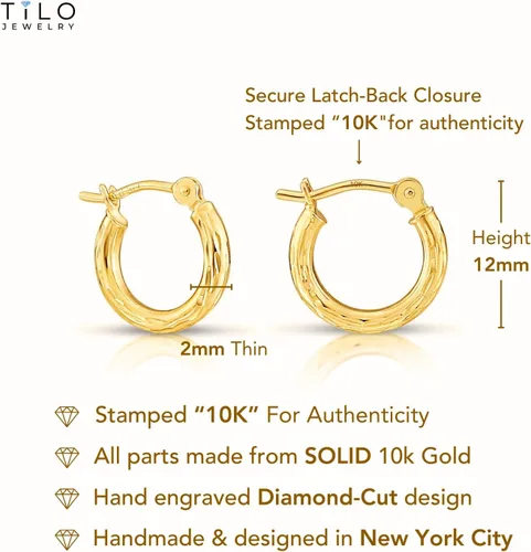 Vista 5 de Aretes de aro redondos de oro amarillo de 10 quilates grabados a mano, corte de diamante, cierre seguro en la parte trasera
