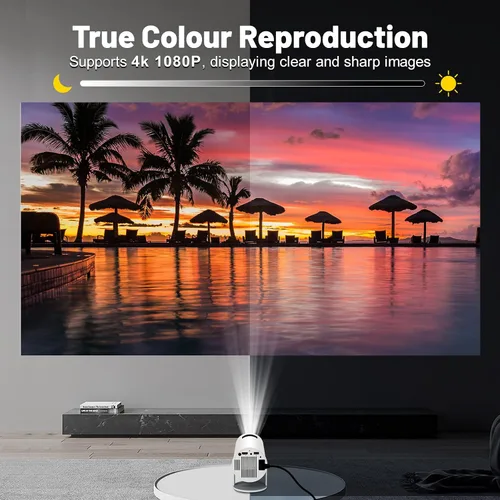 Vista 2 de Mini proyector con WIFI 6 y Bluetooth, soporte 4K 1080P Proyector portátil giratorio de 180° Proyector de película de pantalla de 130 pulgadas