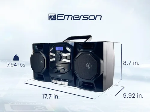 Vista 5 de Emerson Reproductor de CD portátil Boombox con reproductor de cassette, grabadora de cinta, radio AM/FM, entrada AUX, altavoces desmontables