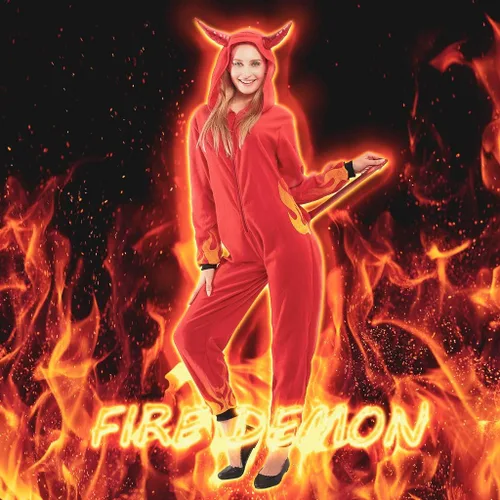 Vista 2 de AERO ARMOR Disfraz de diablo de fuego para mujer, disfraz de Halloween con capucha, pijama de demonio rojo, overol de cosplay