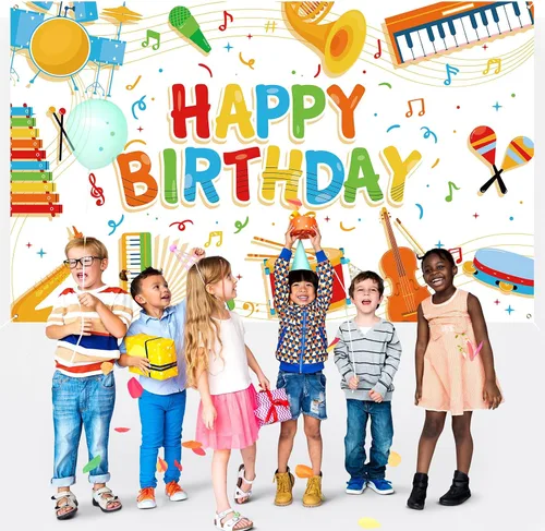 Vista 3 de Cartel de notas musicales para niños, decoración de feliz cumpleaños, instrumento musical, fondo de fiesta de rock and roll para niños y niñas