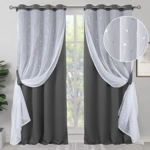 Vista 27 de BGment Cortinas de oscurecimiento de habitación con superposición transparente, cortinas de tul estampado plateado de doble capa para sala de estar