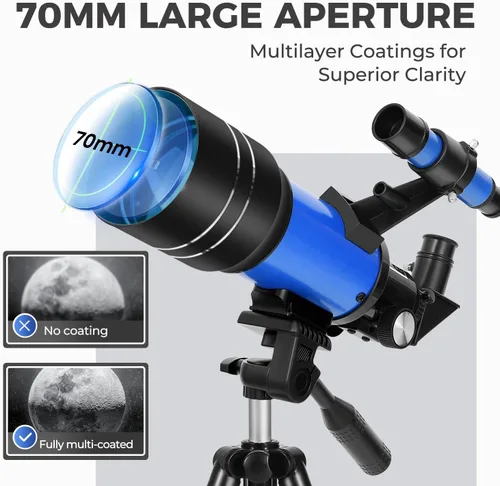 Vista 2 de ESAKO - Telescopio para niños y principiantes, telescopios portátiles con apertura de 70 mm y 3 oculares, trípode de altura ajustable y adaptador