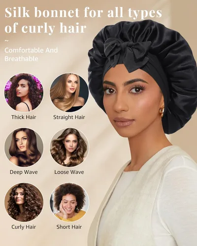 Vista 7 de Gorro de seda de AWAYTR para dormir, mujeres, 100% seda de morera con banda, reversible de 2 capas, envoltura para el cabello para dormir