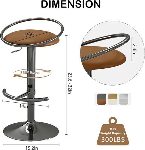 Vista 3 de Juego de 2 taburetes de bar, taburetes de bar giratorios ajustables con asiento tapizado, taburetes de mostrador de piel sintética para bar, isla