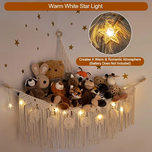 Vista 3 de ANROYE Hamaca de Red de Juguetes de Animales de Peluche de Macramé con Luz de Estrella, Almacenamiento Boho de Peluches Pequeños para Guardería