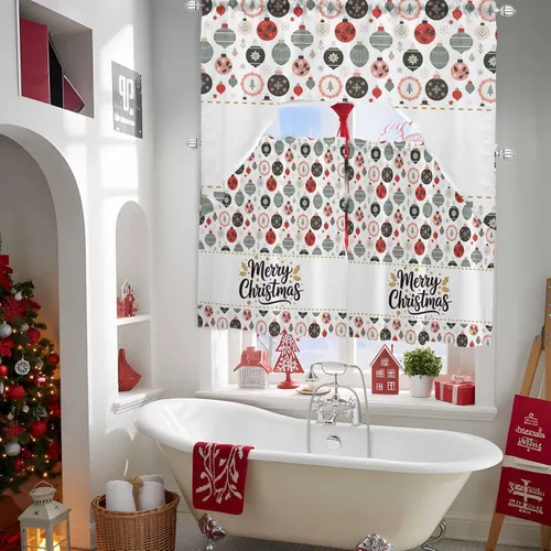 Vista 5 de Juego de 3 cortinas de cocina con festón de Navidad con cenefa, 3 piezas con bolsillo para barra, cortinas para dormitorio, sala de estar, baño