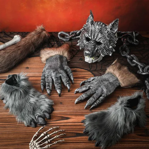 Vista 3 de Ramede Disfraz de hombre lobo de Halloween, incluye máscara de hombre lobo, guantes de garra, pies de hombre lobo, cubiertas de zapatos, patas