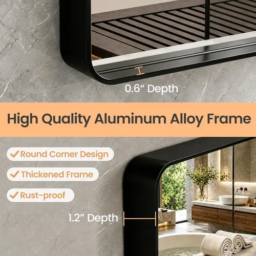 Vista 5 de JISOSO - Espejo de baño negro de 20x30 pulgadas con marco de metal negro, espejo de tocador rectangular redondeado con acabado mate para pared